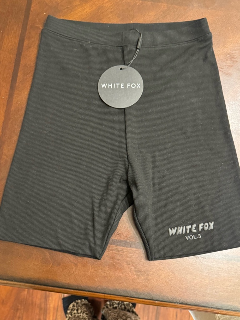 White Fox Boutique Black Ribbed High-Rise Bike Shorts with Logo